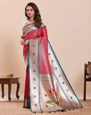 red golden zari work pure silk blend saree with blouse 3