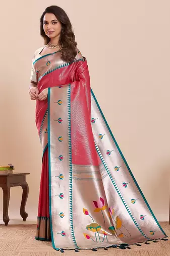 red golden zari work pure silk blend saree with blouse