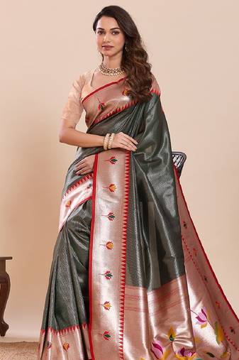 dark green golden zari work pure silk blend saree with blouse