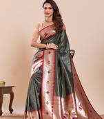 dark green golden zari work pure silk blend saree with blouse