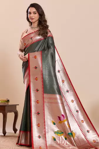 dark green golden zari work pure silk blend saree with blouse