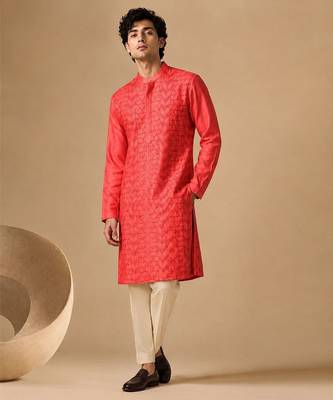 Coral red embroidered chanderi kurta and pant 1