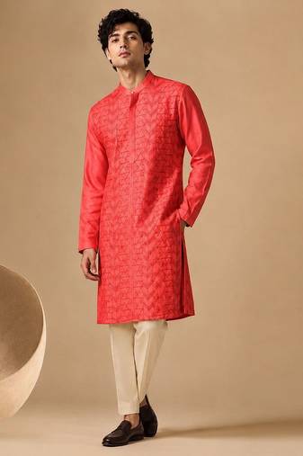 Coral red embroidered chanderi kurta and pant