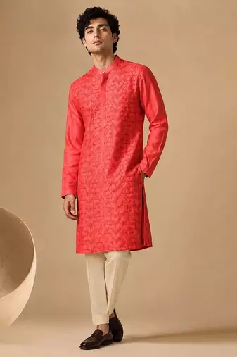 Coral red embroidered chanderi kurta and pant