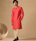 Coral red embroidered chanderi kurta and pant