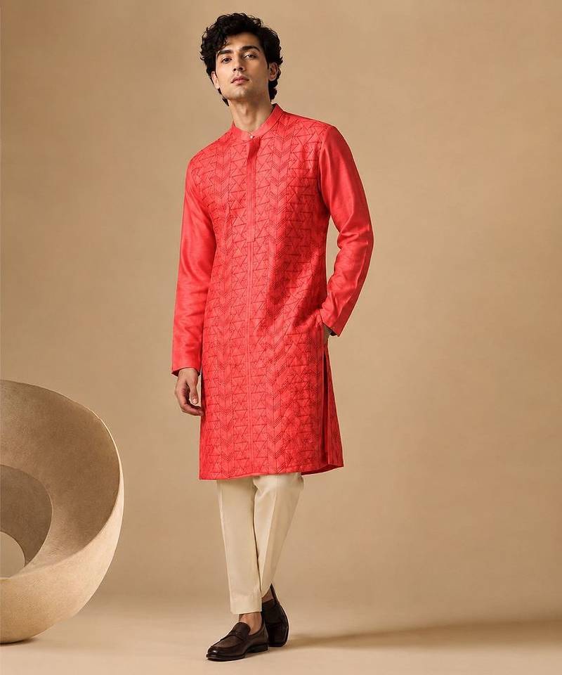 Coral red embroidered chanderi kurta and pant