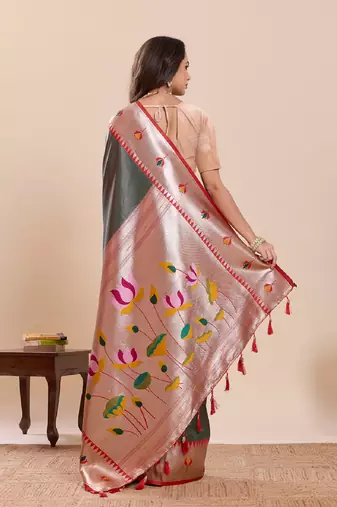 dark green golden zari work pure silk blend saree with blouse