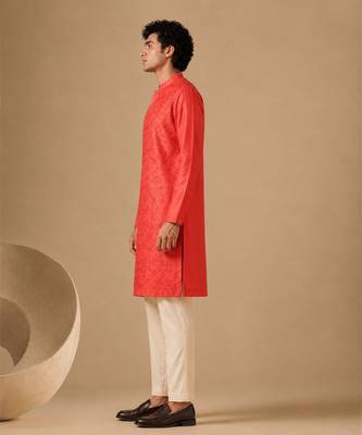 Coral red embroidered chanderi kurta and pant 2