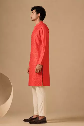 Coral red embroidered chanderi kurta and pant