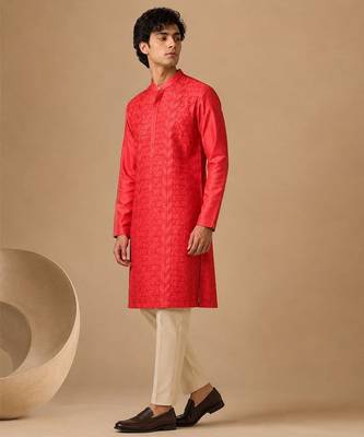 Coral red embroidered chanderi kurta and pant 3