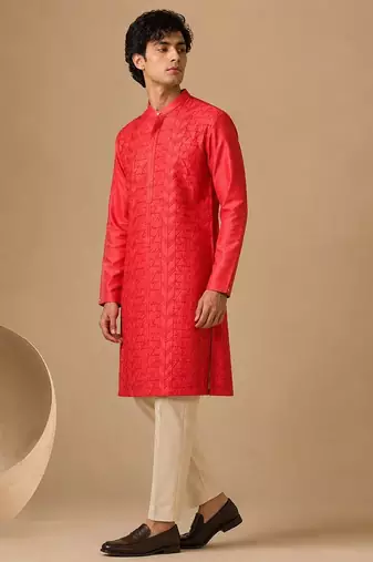 Coral red embroidered chanderi kurta and pant