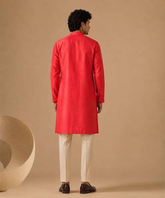 Coral red embroidered chanderi kurta and pant 4
