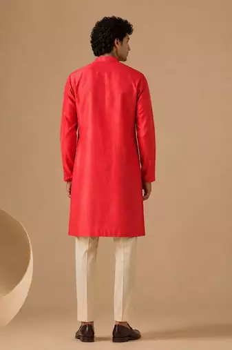 Coral red embroidered chanderi kurta and pant