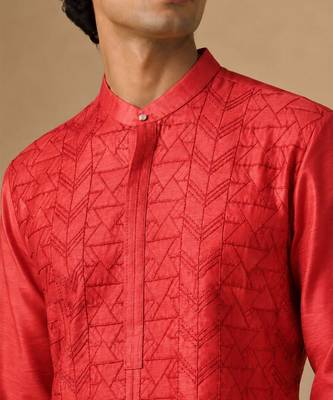 Coral red embroidered chanderi kurta and pant 5