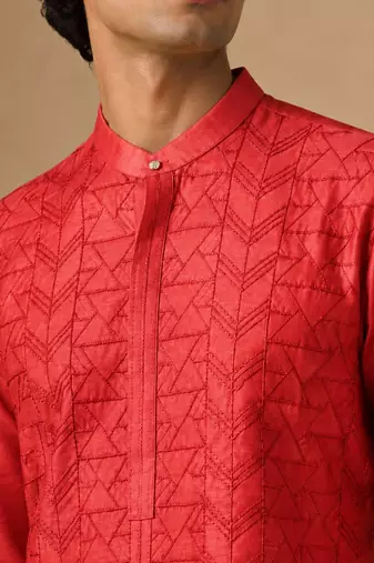 Coral red embroidered chanderi kurta and pant