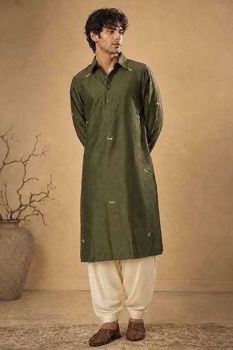 Olive green embroidered cotton silk kurta and dhoti pant