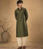 Olive green embroidered cotton silk kurta and dhoti pant