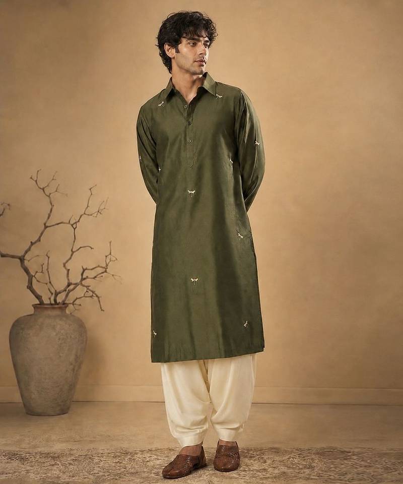 Olive green embroidered cotton silk kurta and dhoti pant