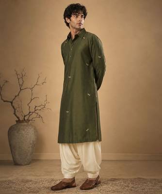 Olive green embroidered cotton silk kurta and dhoti pant 2