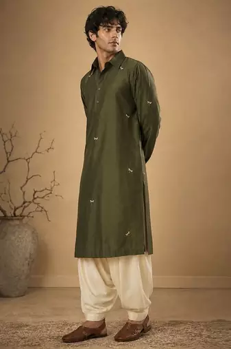 Olive green embroidered cotton silk kurta and dhoti pant