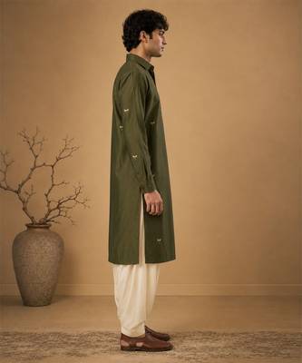 Olive green embroidered cotton silk kurta and dhoti pant 3