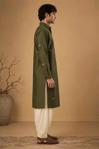 Olive green embroidered cotton silk kurta and dhoti pant