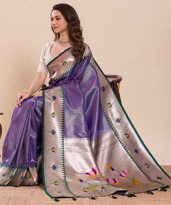 purple golden zari work pure silk blend saree with blouse 1