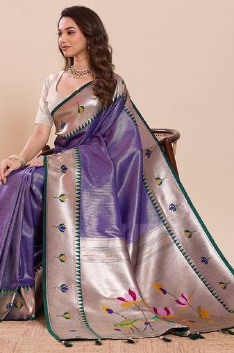 purple golden zari work pure silk blend saree with blouse