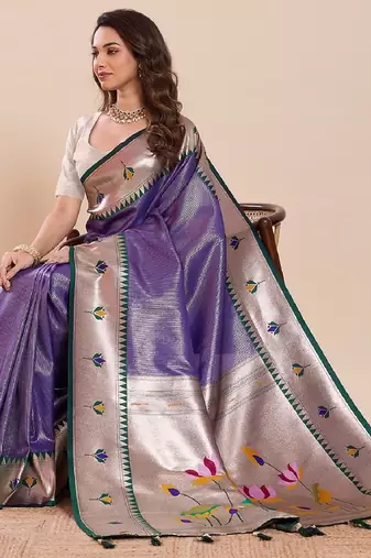 purple golden zari work pure silk blend saree with blouse