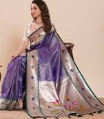 purple golden zari work pure silk blend saree with blouse