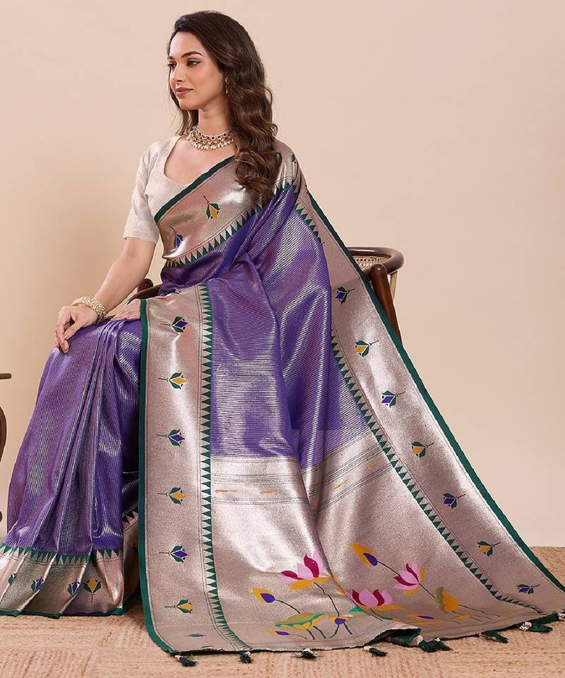 purple golden zari work pure silk blend saree with blouse