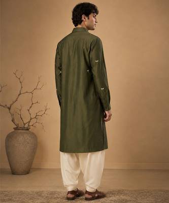 Olive green embroidered cotton silk kurta and dhoti pant 4