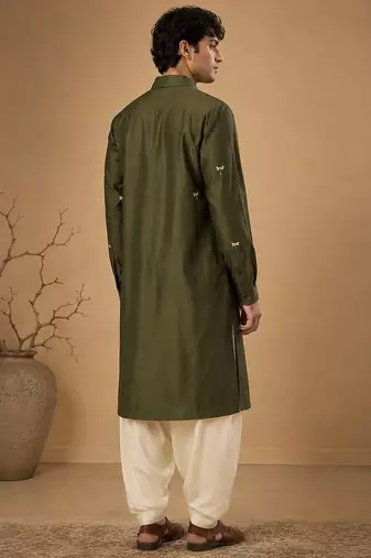 Olive green embroidered cotton silk kurta and dhoti pant