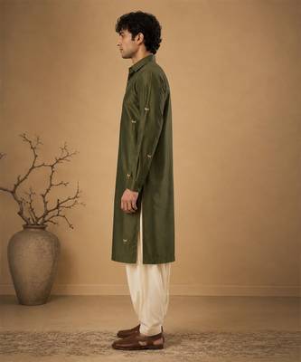 Olive green embroidered cotton silk kurta and dhoti pant 5