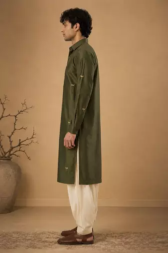 Olive green embroidered cotton silk kurta and dhoti pant