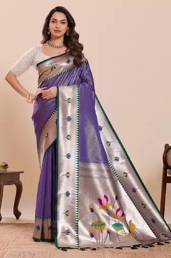 purple golden zari work pure silk blend saree with blouse