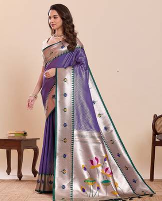 purple golden zari work pure silk blend saree with blouse 3