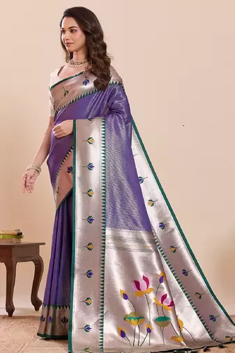 purple golden zari work pure silk blend saree with blouse