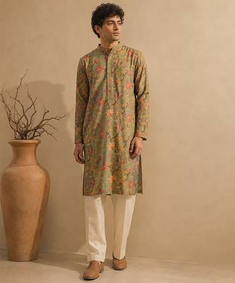 Sage green floral printed chanderi kurta and pant 1