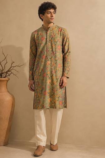 Sage green floral printed chanderi kurta and pant