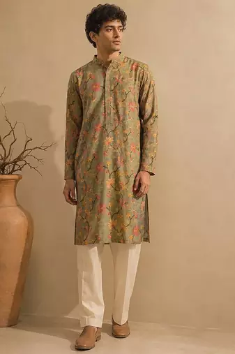 Sage green floral printed chanderi kurta and pant
