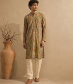 Sage green floral printed chanderi kurta and pant