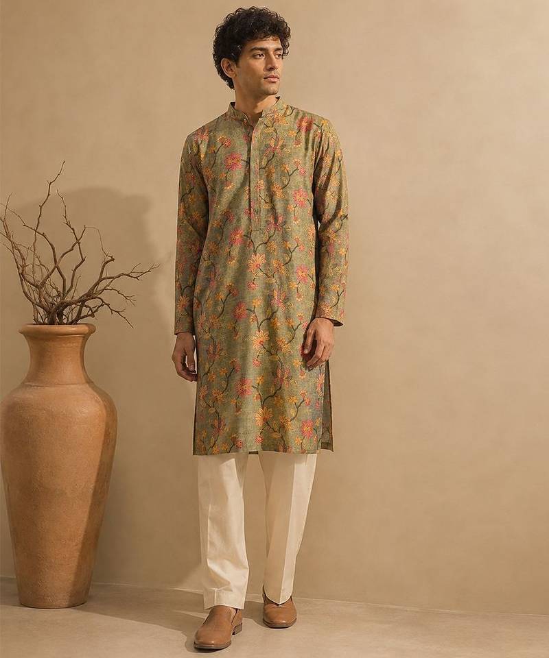 Sage green floral printed chanderi kurta and pant