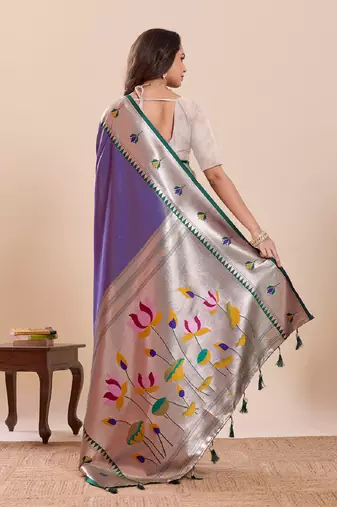 purple golden zari work pure silk blend saree with blouse
