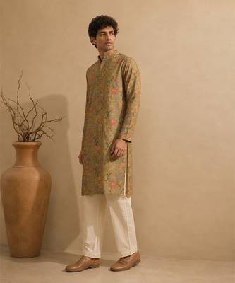Sage green floral printed chanderi kurta and pant 2