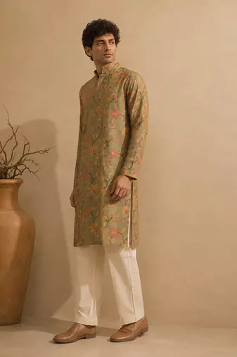 Sage green floral printed chanderi kurta and pant