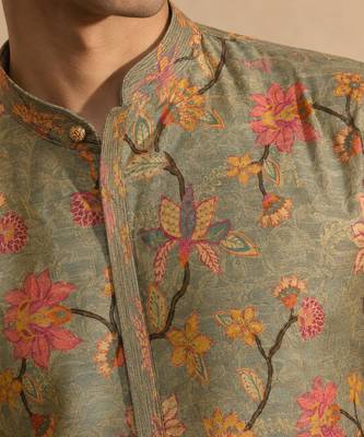 Sage green floral printed chanderi kurta and pant 3