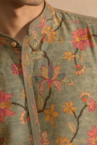 Sage green floral printed chanderi kurta and pant
