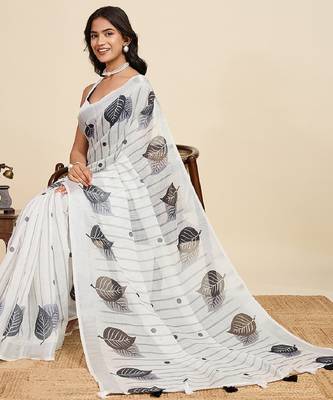 White digital print with jari border linan saree with blouse 1