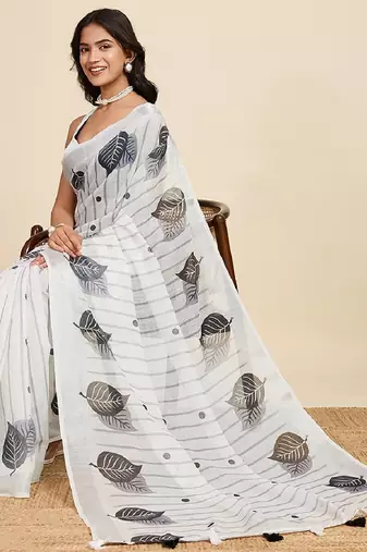 White digital print with jari border linan saree with blouse